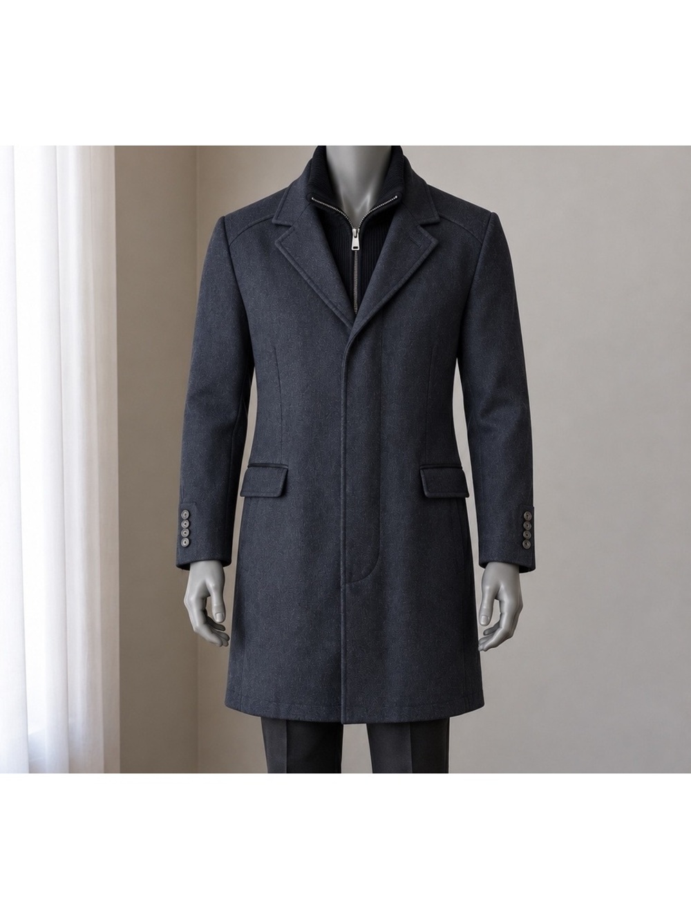 Cole Haan Signature Men’s Wool Twill Long Coat Knit Bib Size L/G Charcoal